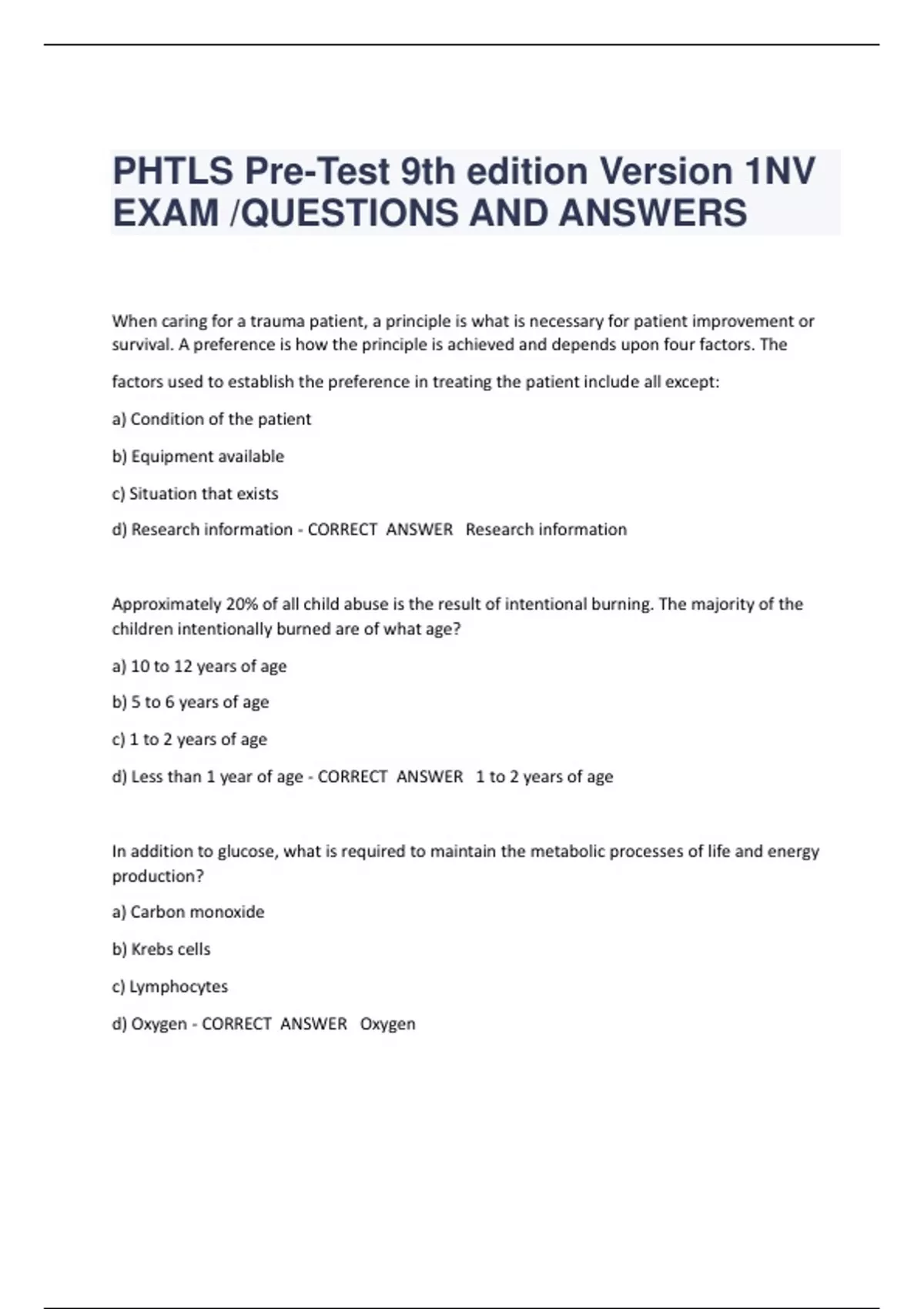 Phtls Pre-test 9th Edition Version 1nv Exam  Questions And Answers 