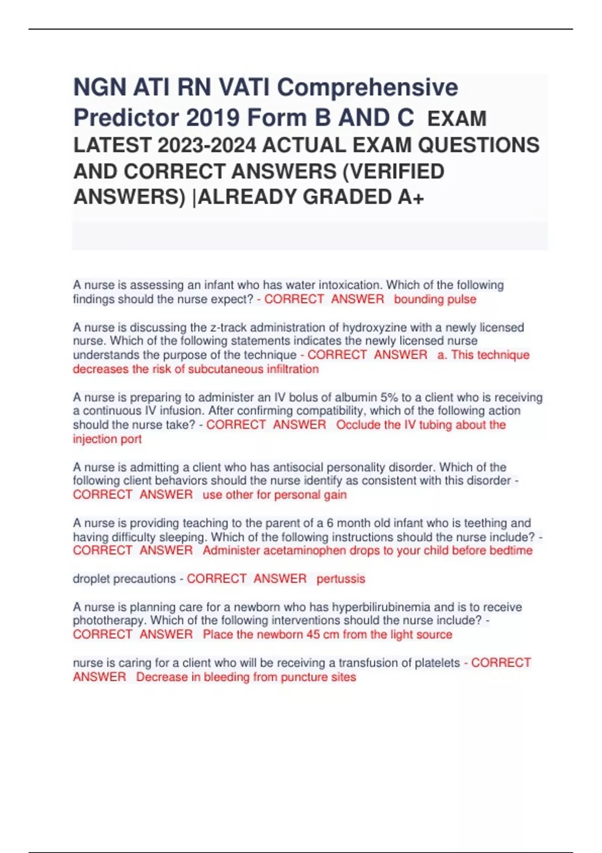 NGN ATI RN VATI Comprehensive Predictor 2019 Form B AND C EXAM LATEST ...