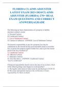 FLORIDA CLAIMS ADJUSTER  LATEST EXAM 2023-2024/CLAIMS  ADJUSTER (FLORIDA) 270+ REAL  EXAM QUESTIONS AND CORRECT  ANSWERS|AGRADE