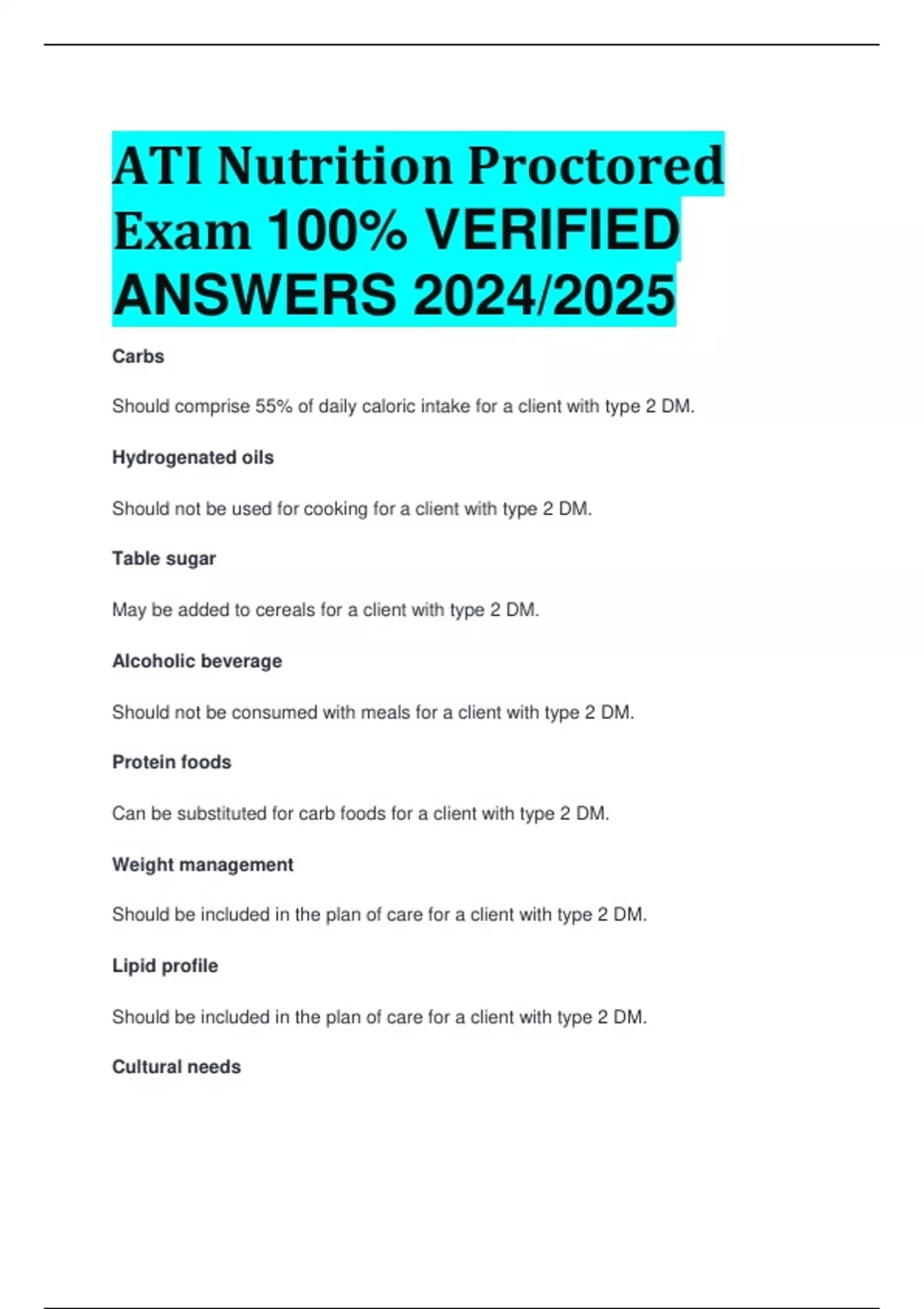 BEST REVIEW ATI Nutrition Proctored Exam 100 VERIFIED ANSWERS 2024/