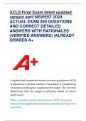 ACLS Final Exam latest updated version april NEWEST 2024 ACTUAL EXAM 500 QUESTIONS AND CORRECT DETAILED ANSWERS WITH RATIONALES (VERIFIED ANSWERS) |ALREADY GRADED A+          A patient with suspected acute coronary syndromes (ACS) is placed on a cardiac m