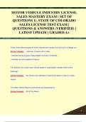 MOTOR VEHICLE INDUSTRY LICENSE,  SALES MASTERY EXAM ( SET OF  QUESTIONS 1), STATE OF COLORADO  SALES LICENSE TEST EXAM |  QUESTIONS & ANSWERS (VERIFIED) |  LATEST UPDATE | GRADED A+