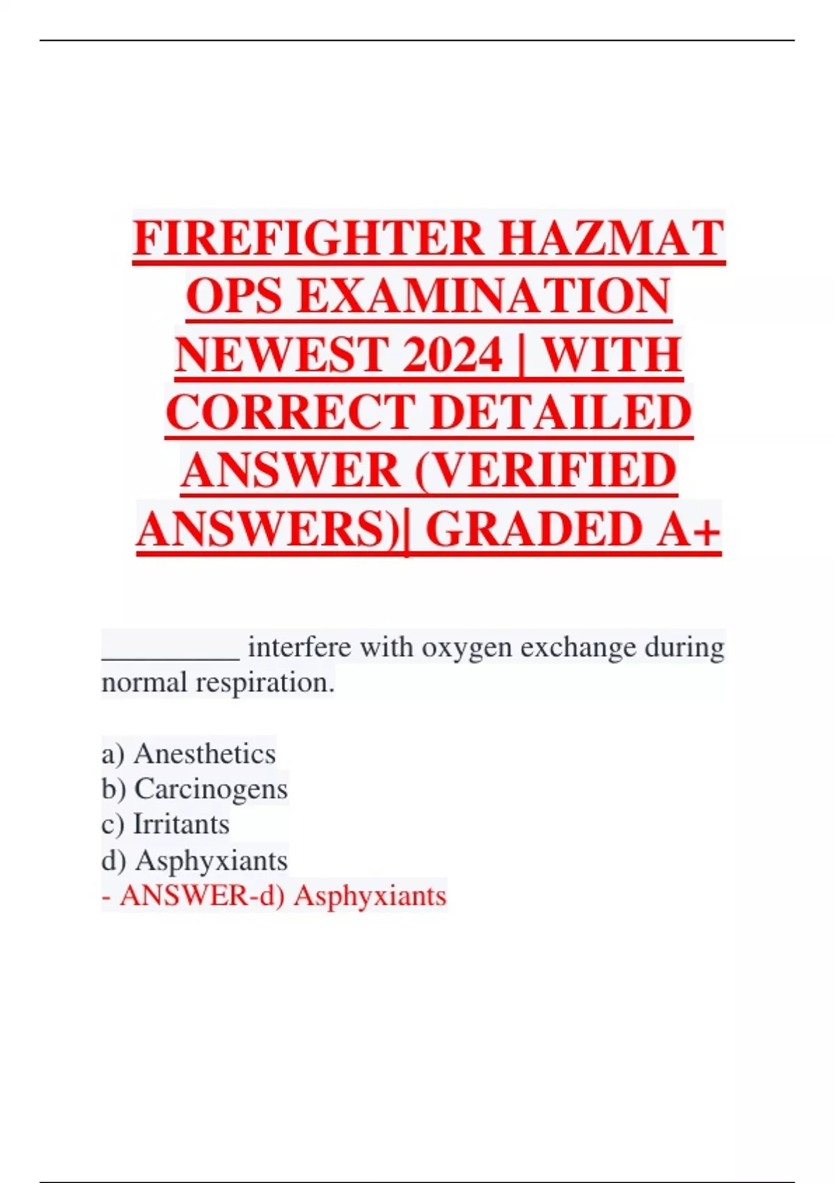 FIREFIGHTER HAZMAT OPS EXAMINATION NEWEST 2024 WITH CORRECT DETAILED