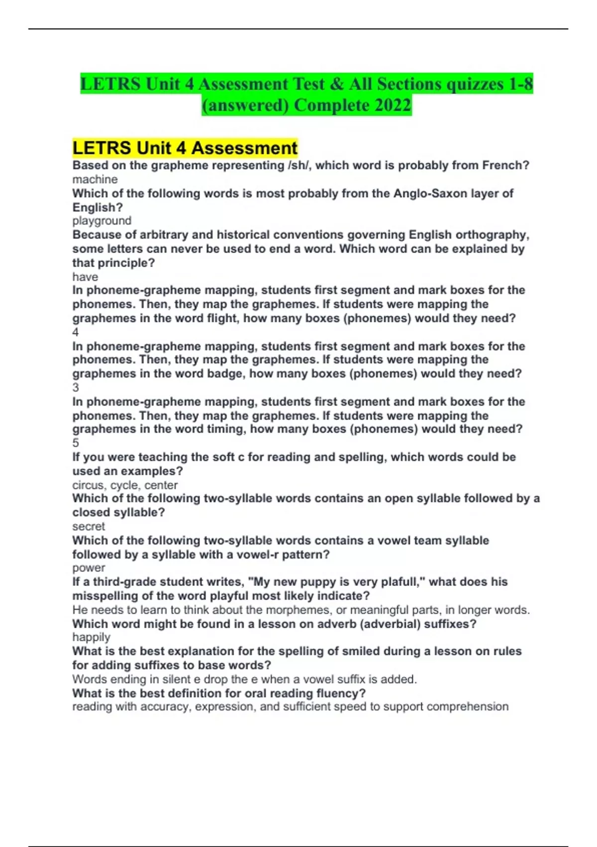 Letrs Unit 4 Assessment Test & All Sections Quizzes 1-8 (answered 