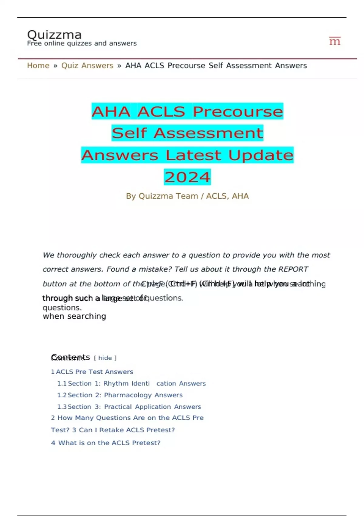 AHA ACLS Precourse Self Assessment Answers Latest Update 2024 AHA