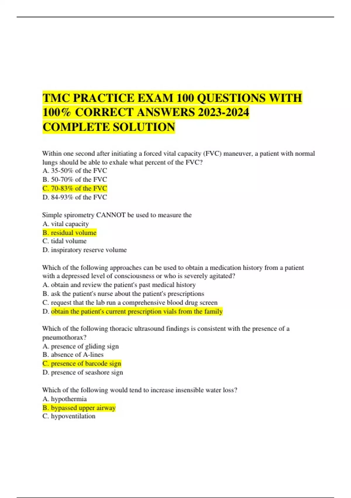 TMC PRACTICE EXAM 100 QUESTIONS WITH 100% CORRECT ANSWERS COMPLETE ...