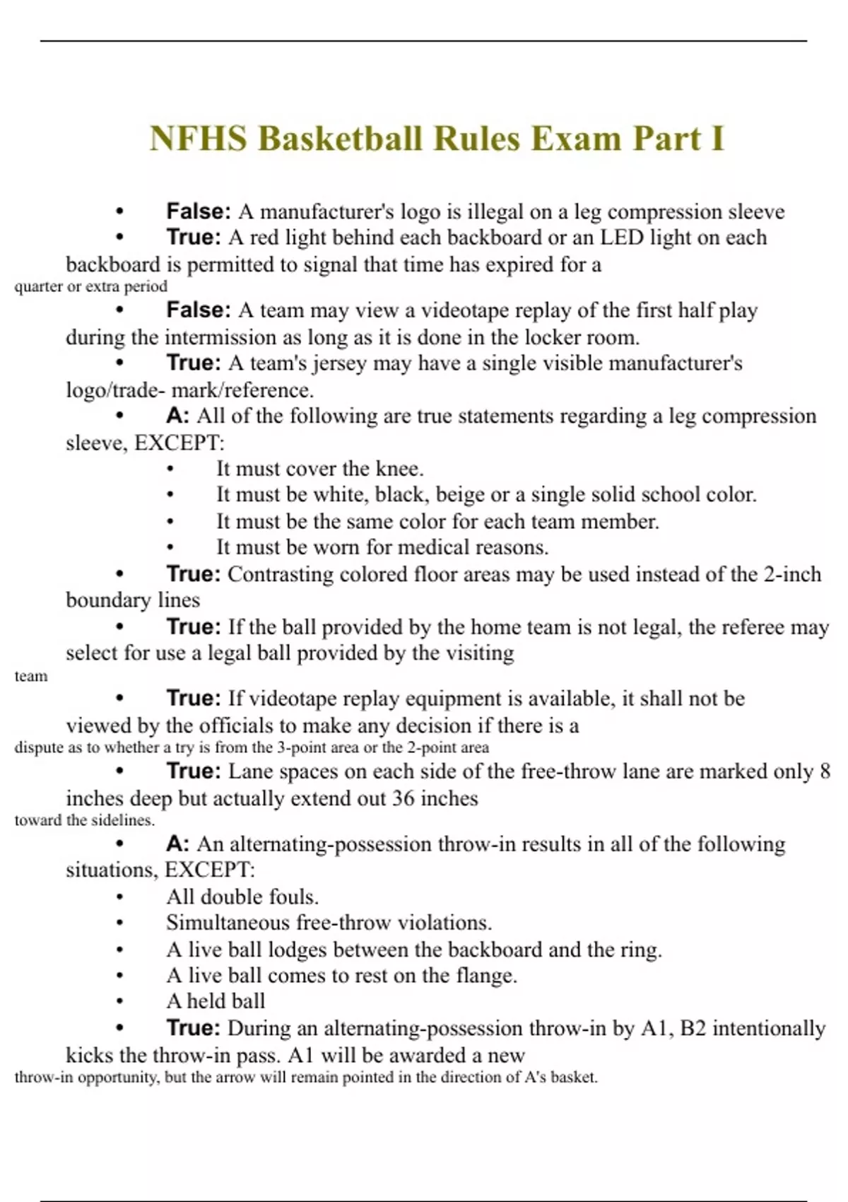 NFHS Basketball Rules Exam Part I Questions & Answers 2023 A+ GRADED ...