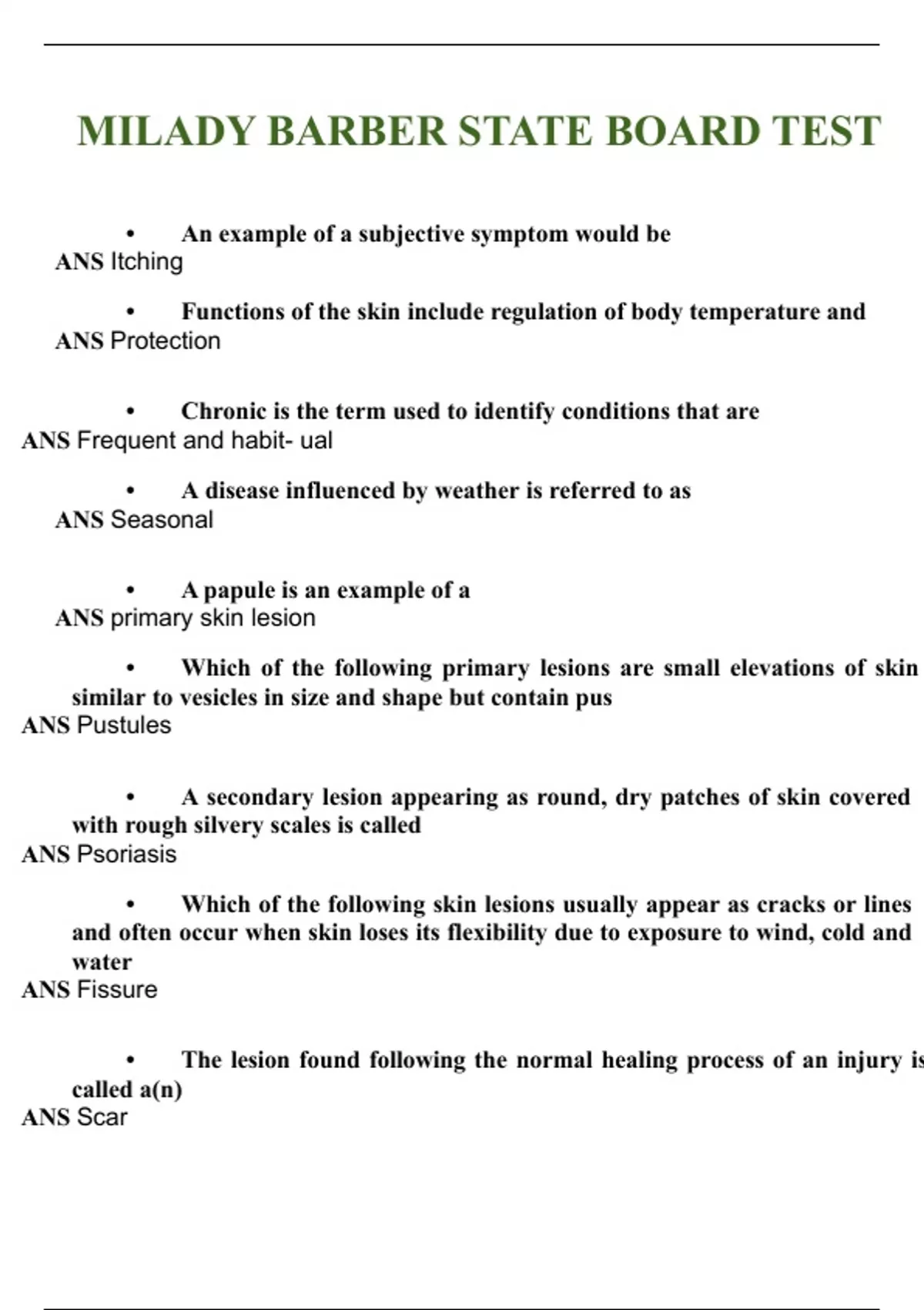 Milady Standard Barbering sample state board exam test 3 questions and