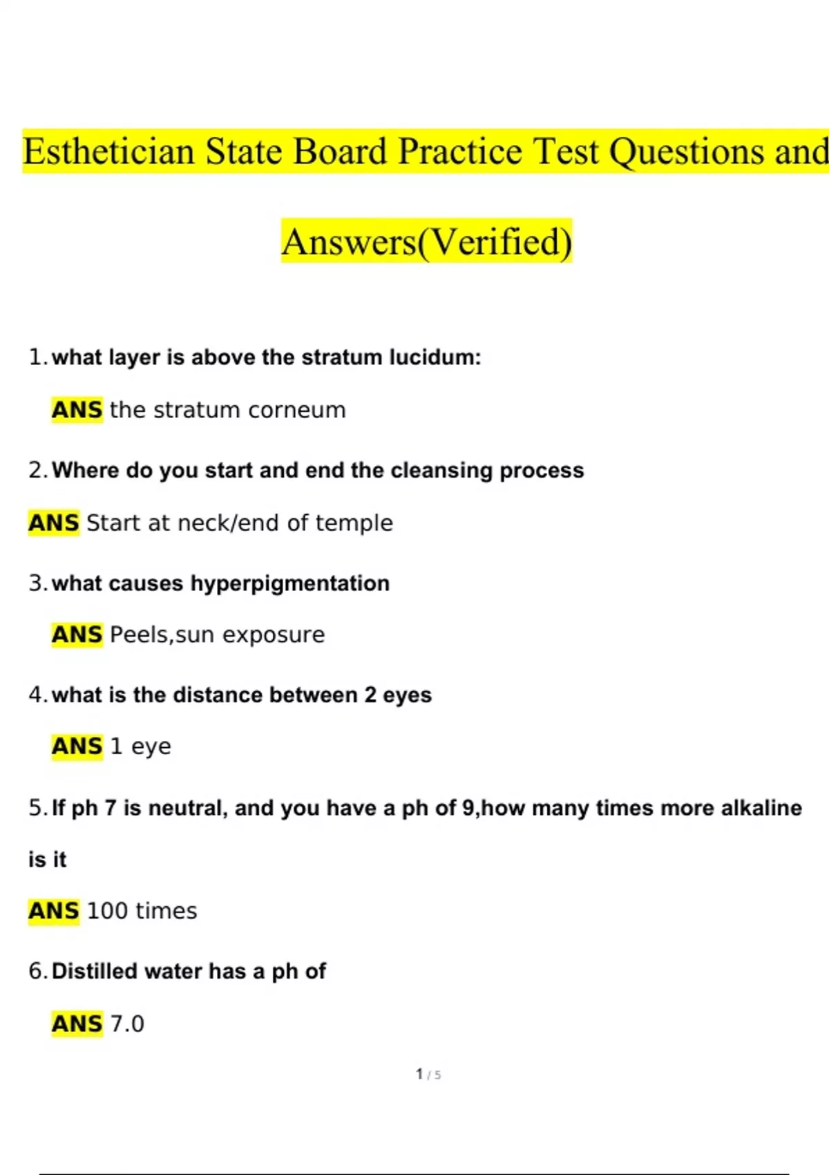 Esthetician State Board Practice Test Questions and Answers (2024 /