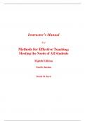 Instructor Manual With Test Bank For Methods for Effective Teaching Meeting the Needs of All Students 8th Edition By Paul Burden, David Byrd (All Chapters, 100% Original Verified, A+ Grade)