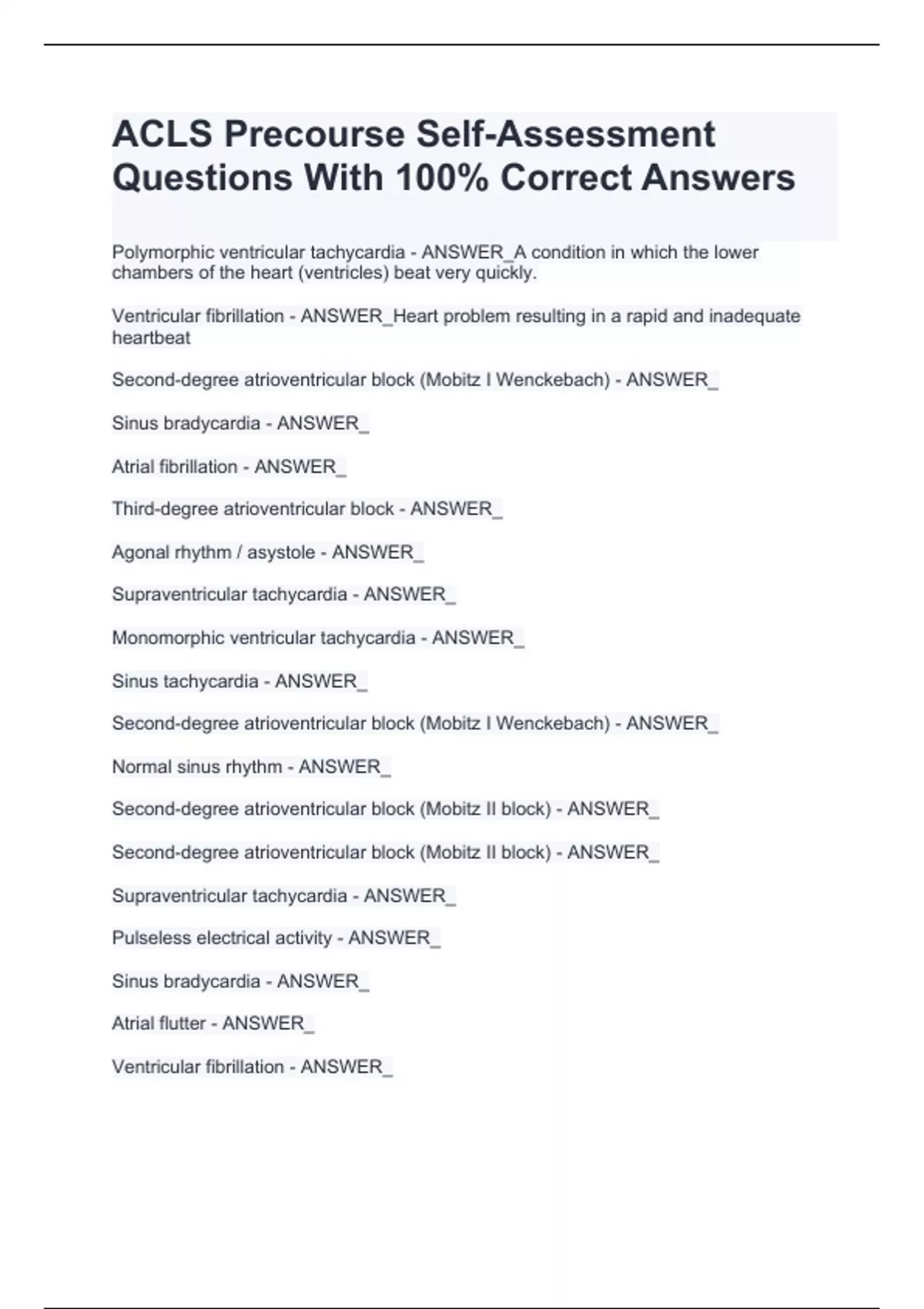 ACLS Precourse SelfAssessment Questions With 100 Correct Answers