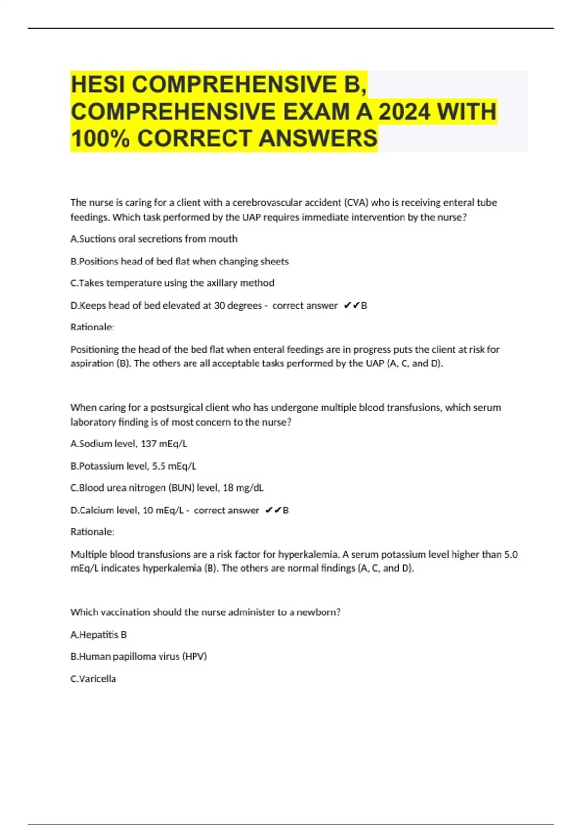 HESI COMPREHENSIVE B, COMPREHENSIVE EXAM A 2024 WITH 100% CORRECT ...