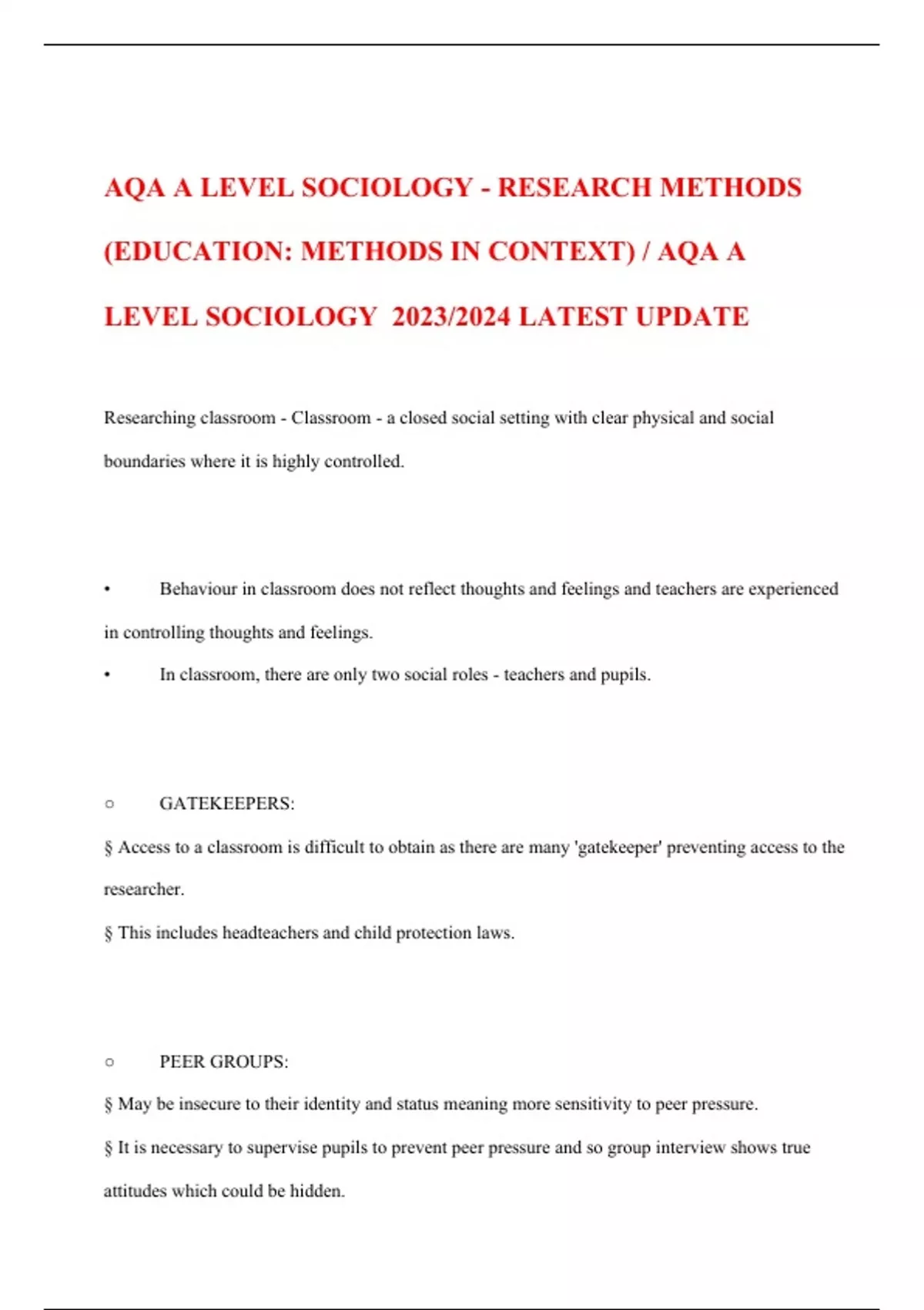 AQA A LEVEL SOCIOLOGY - RESEARCH METHODS (EDUCATION: METHODS IN CONTEXT ...