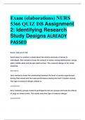 Exam (elaborations) NURS  5366 QUIZ DB Assignment 2: Identifying Research Study Designs ALREADY  PASSED