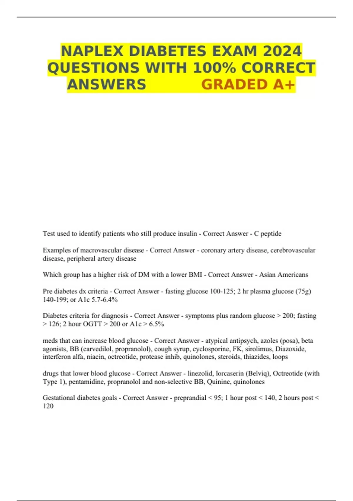 NAPLEX DIABETES EXAM 2024 QUESTIONS WITH 100% CORRECT ANSWERS GRADED A+ ...