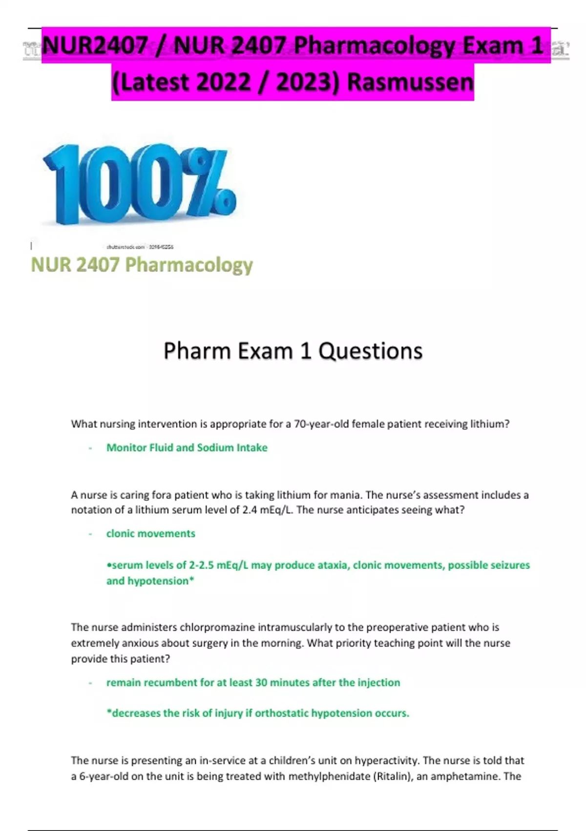 NUR2407 / NUR 2407 Pharmacology Exam 1 (Latest 2022 / 2023) Rasmussen ...