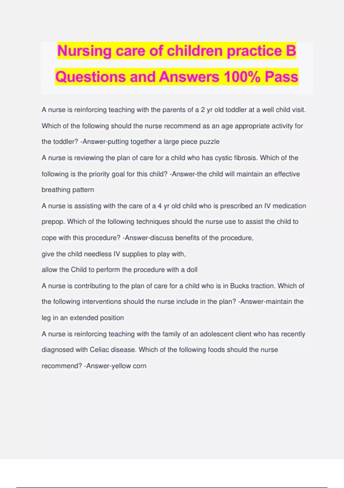 Nursing Care Of Children Practice B Questions And Answers 100% Pass ...