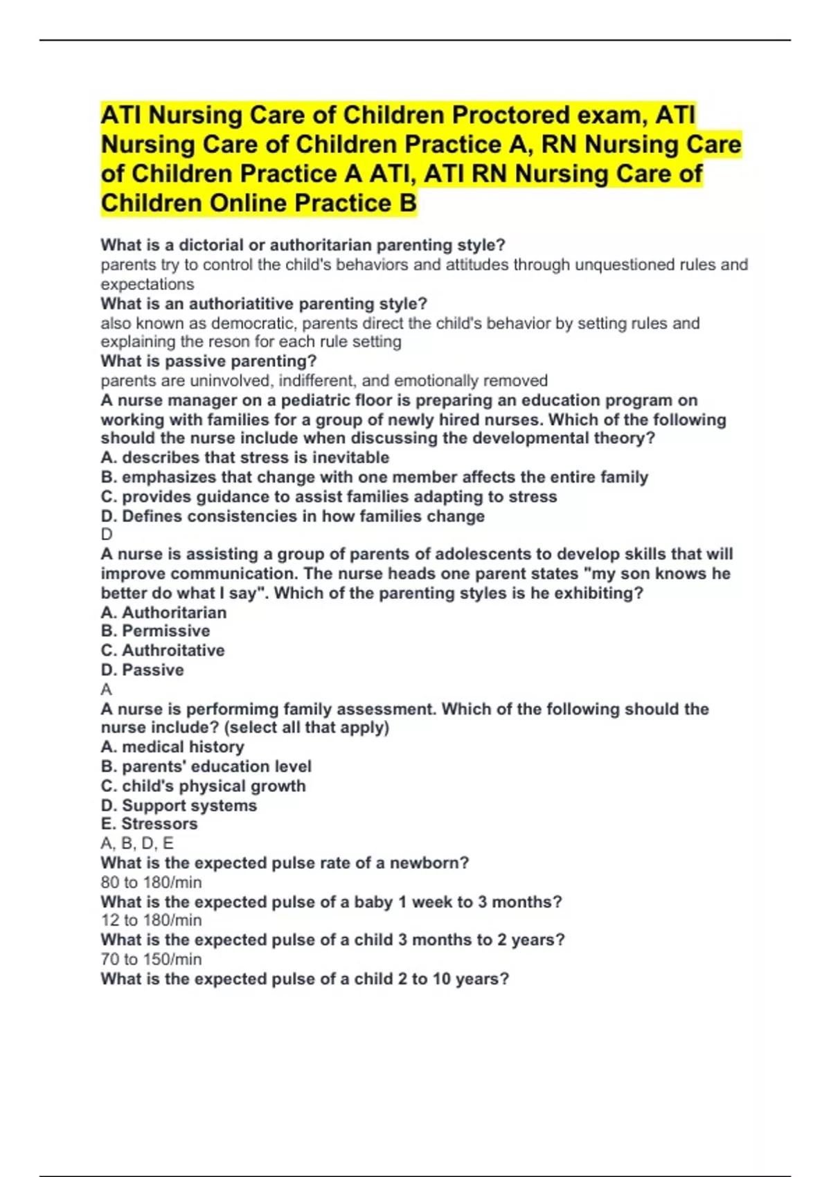 ATI Nursing Care Of Children Proctored Exam, ATI Nursing Care Of ...