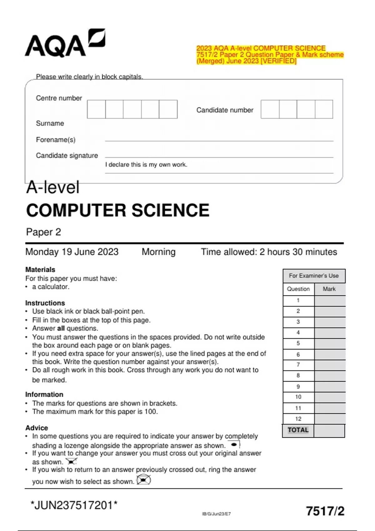 2023 AQA A-level COMPUTER SCIENCE 7517/2 Paper 2 Question Paper & Mark ...