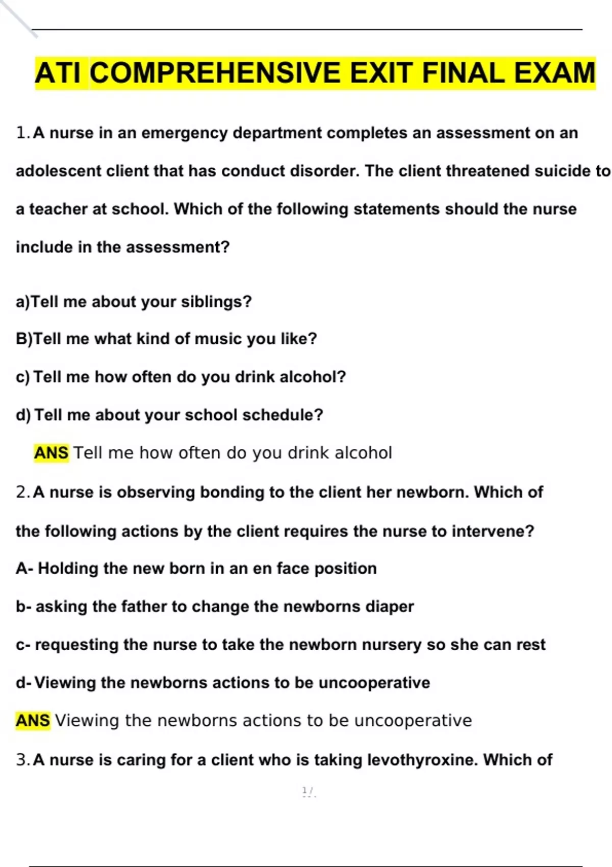 ATI COMPREHENSIVE EXIT FINAL EXAM Questions and Answers (2024 / 2025