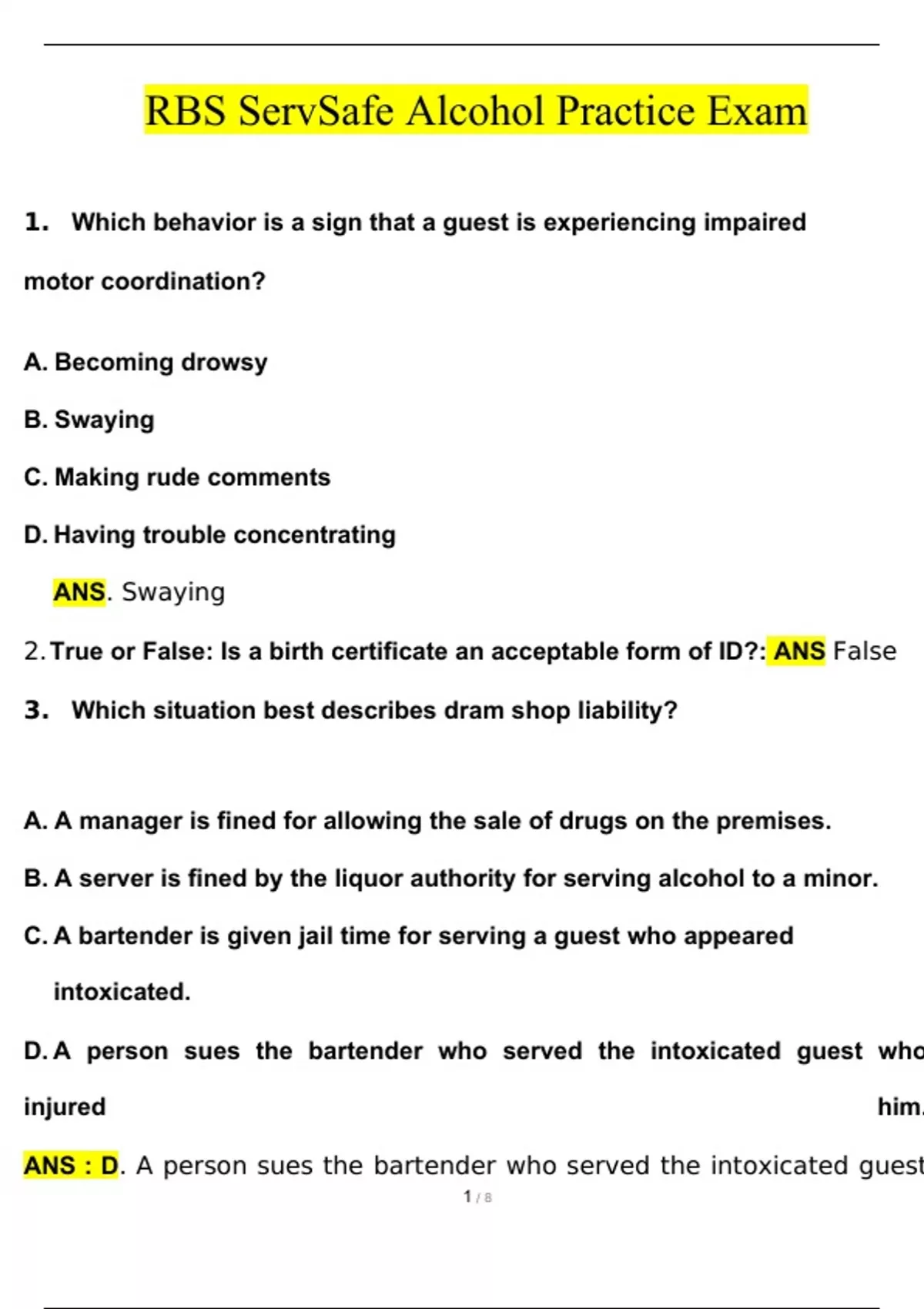 ServSafe Alcohol Practice Exam 2024 Questions and Answers (2024 / 2025