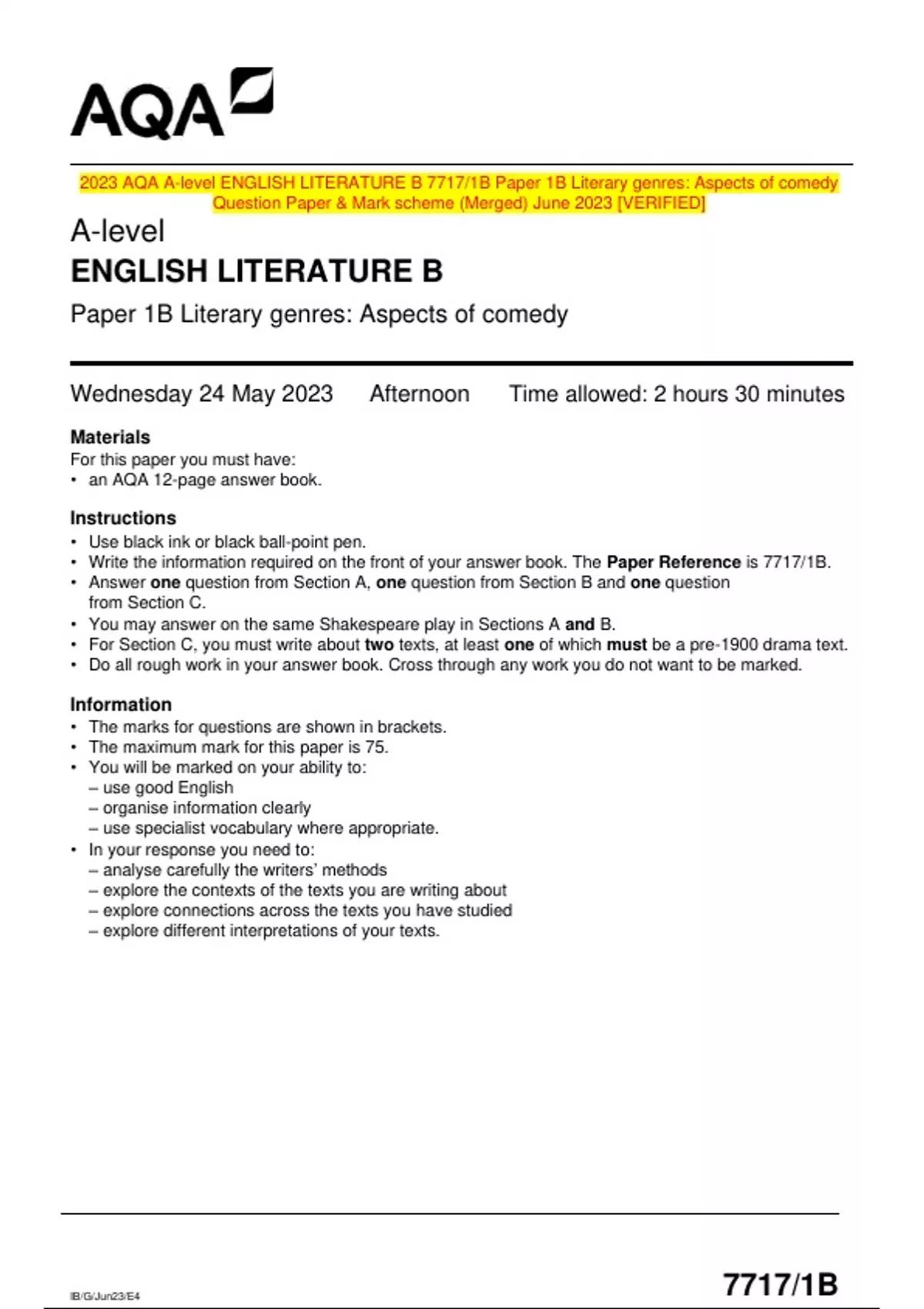 2023 AQA A-level ENGLISH LITERATURE B 7717/1B Paper 1B Literary Genres ...