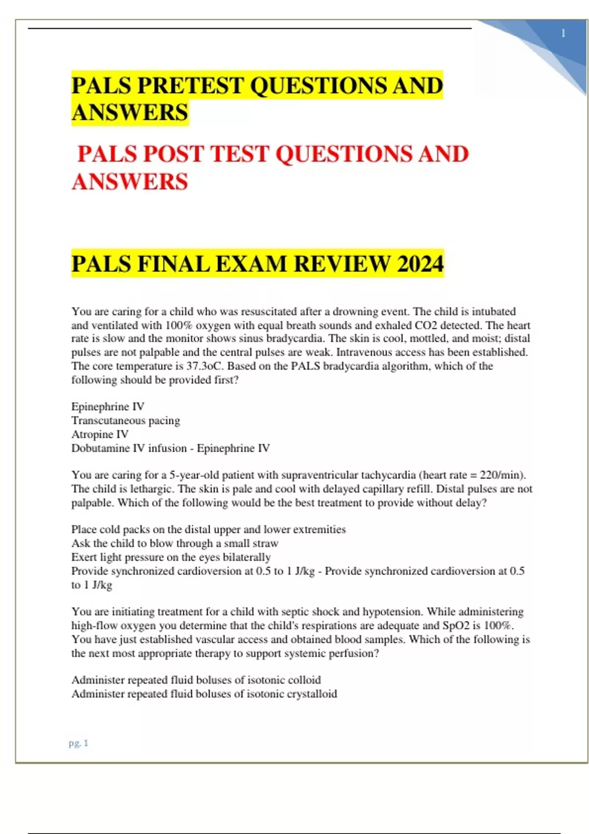 PALS PRETEST QUESTIONS AND ANSWERS & PALS POST TEST QUESTIONS AND