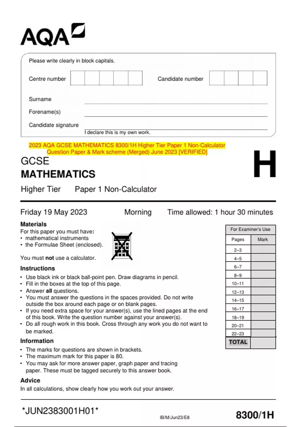 2023 AQA GCSE MATHEMATICS 8300/1H Higher Tier Paper 1 Non-Calculator ...