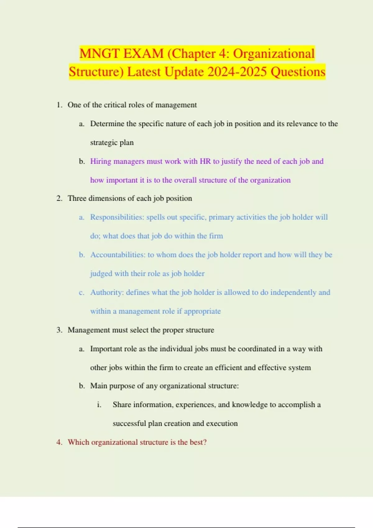 MNGT EXAM (Chapter 4: Organizational Structure) Latest Update Questions ...