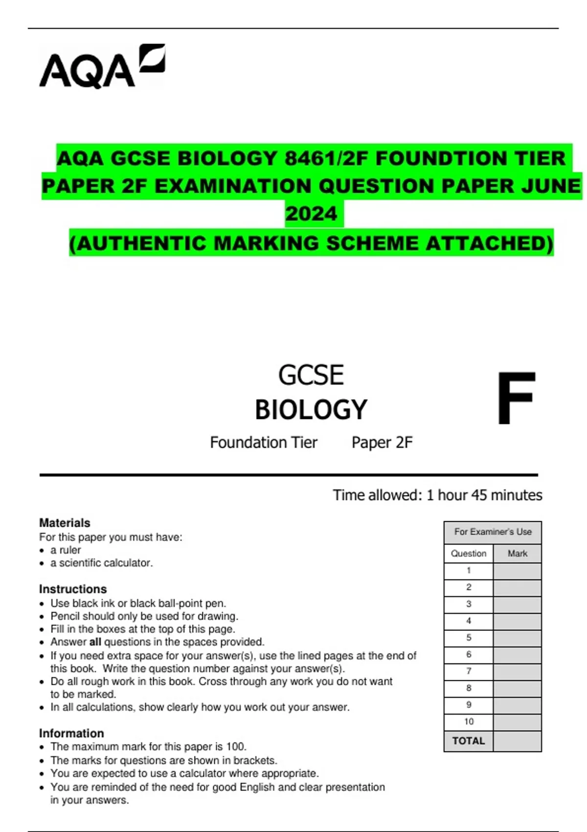 AQA GCSE BIOLOGY 8461/2F FOUNDTION TIER PAPER 2F EXAMINATION QUESTION ...