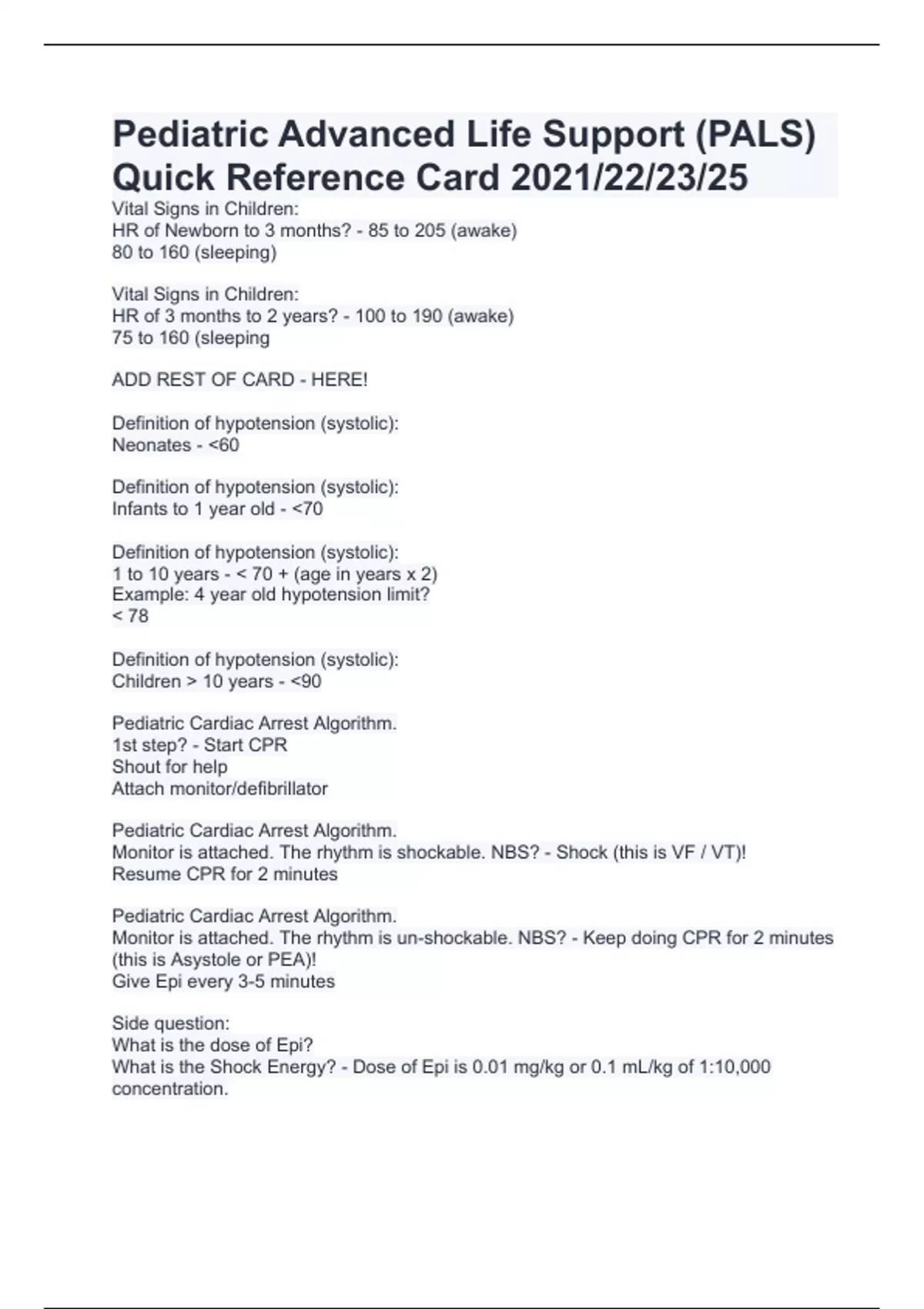 Pediatric Advanced Life Support (PALS) Quick Reference Card 2021/22/23 ...