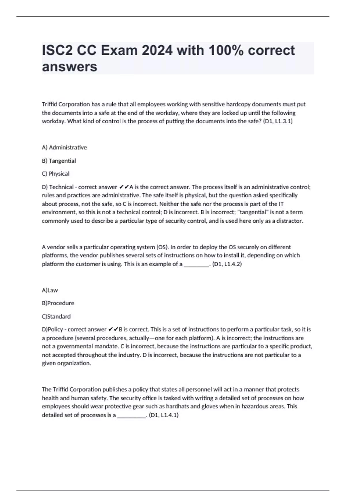 ISC2 CC Exam 2024 with 100 correct answers ISC2 CC Stuvia US