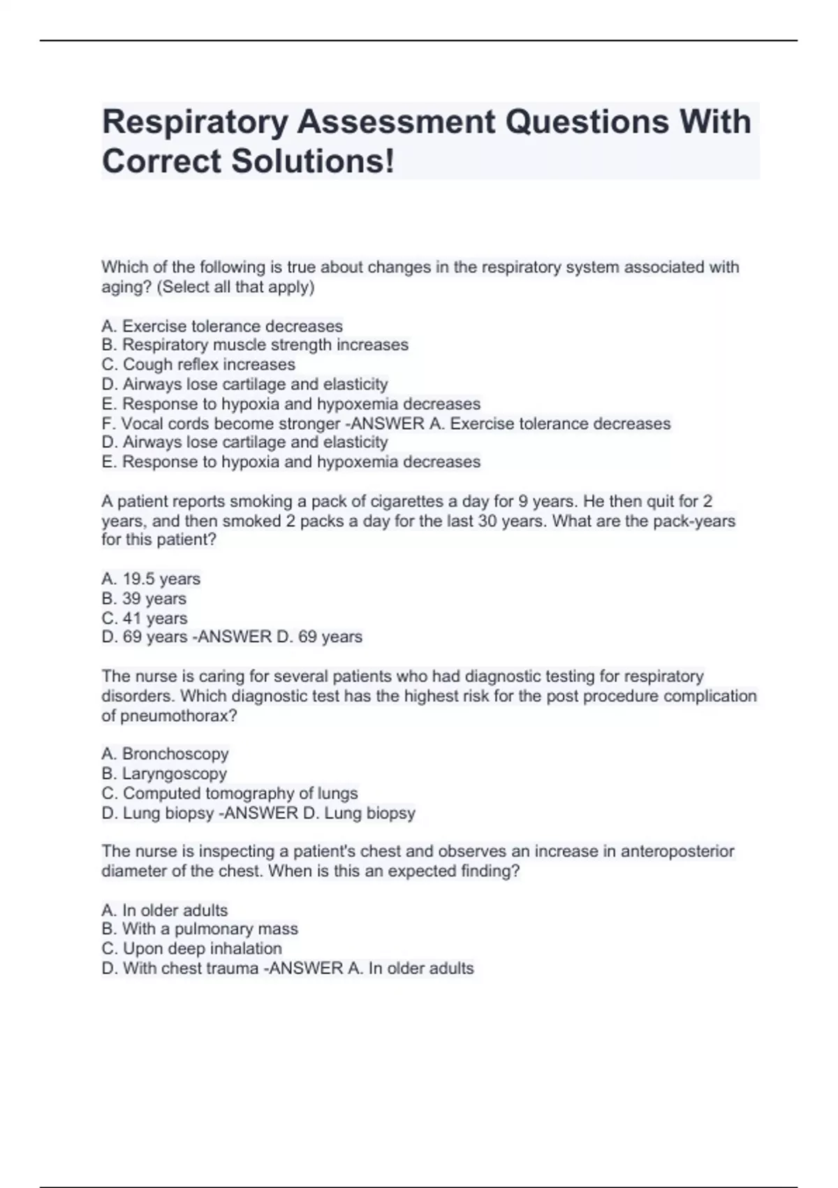 Respiratory Assessment Questions With Correct Solutions! Respiratory