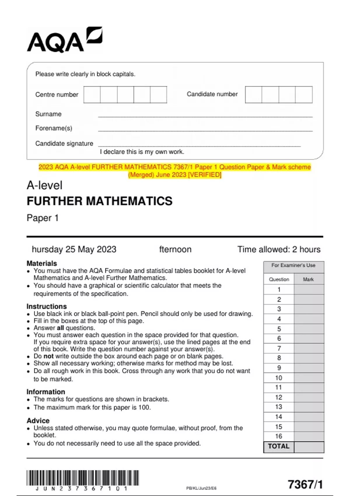 2023 AQA A-level FURTHER MATHEMATICS 7367/1 Paper 1 Question Paper ...