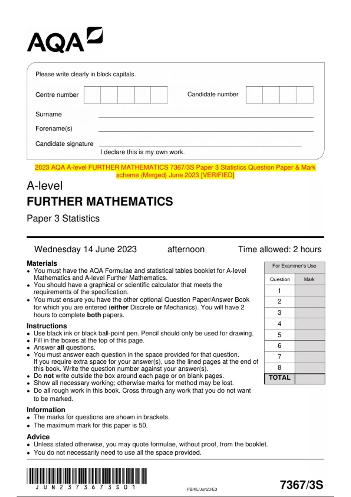 2023 AQA A-level FURTHER MATHEMATICS 7367/3S Paper 3 Statistics ...