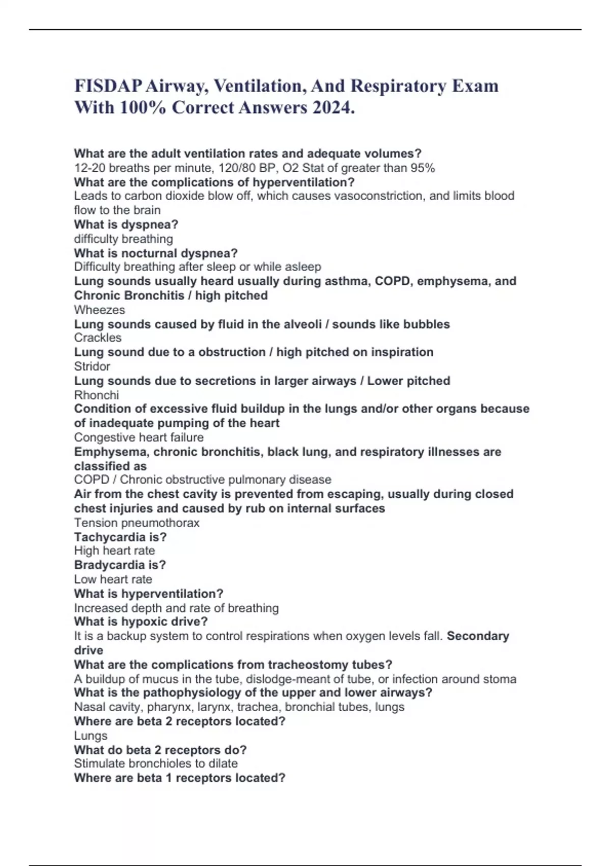 FISDAP Airway, Ventilation, And Respiratory Exam With 100% Correct ...