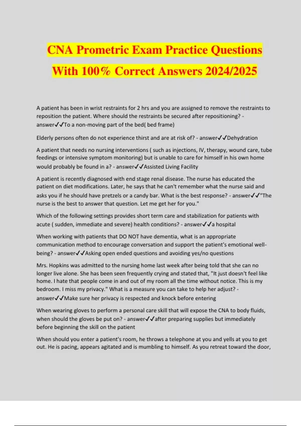 CNA Prometric Exam Practice Questions With 100 Correct Answers 2024/