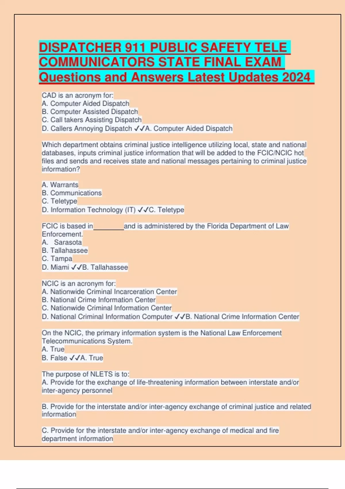 DISPATCHER 911 PUBLIC SAFETY TELE COMMUNICATORS STATE FINAL EXAM