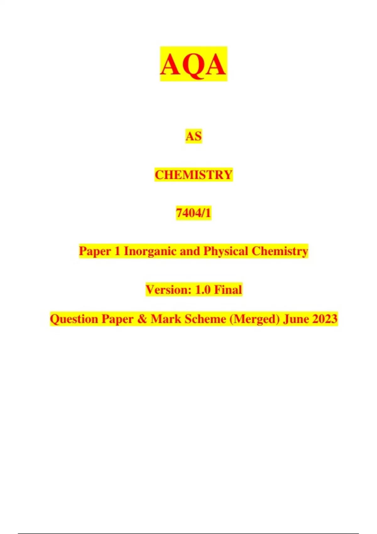 AQA AS CHEMISTRY 7404/1 Paper 1 Inorganic and Physical Chemistry ...