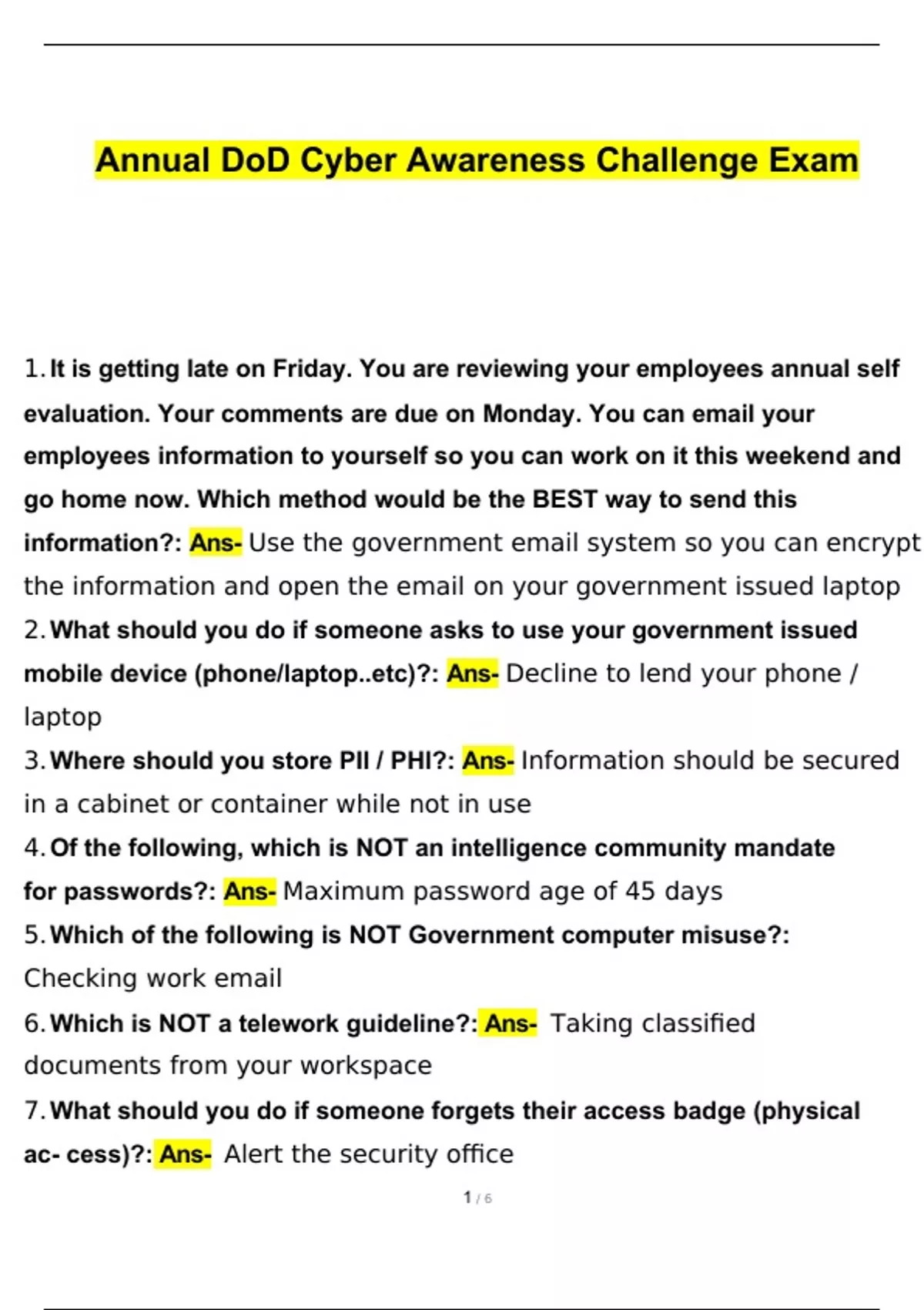 (CORRECTLY ANSWERED)CYBER AWARENESS CHALLENGE EXAM PHASE NKO; ANNUAL