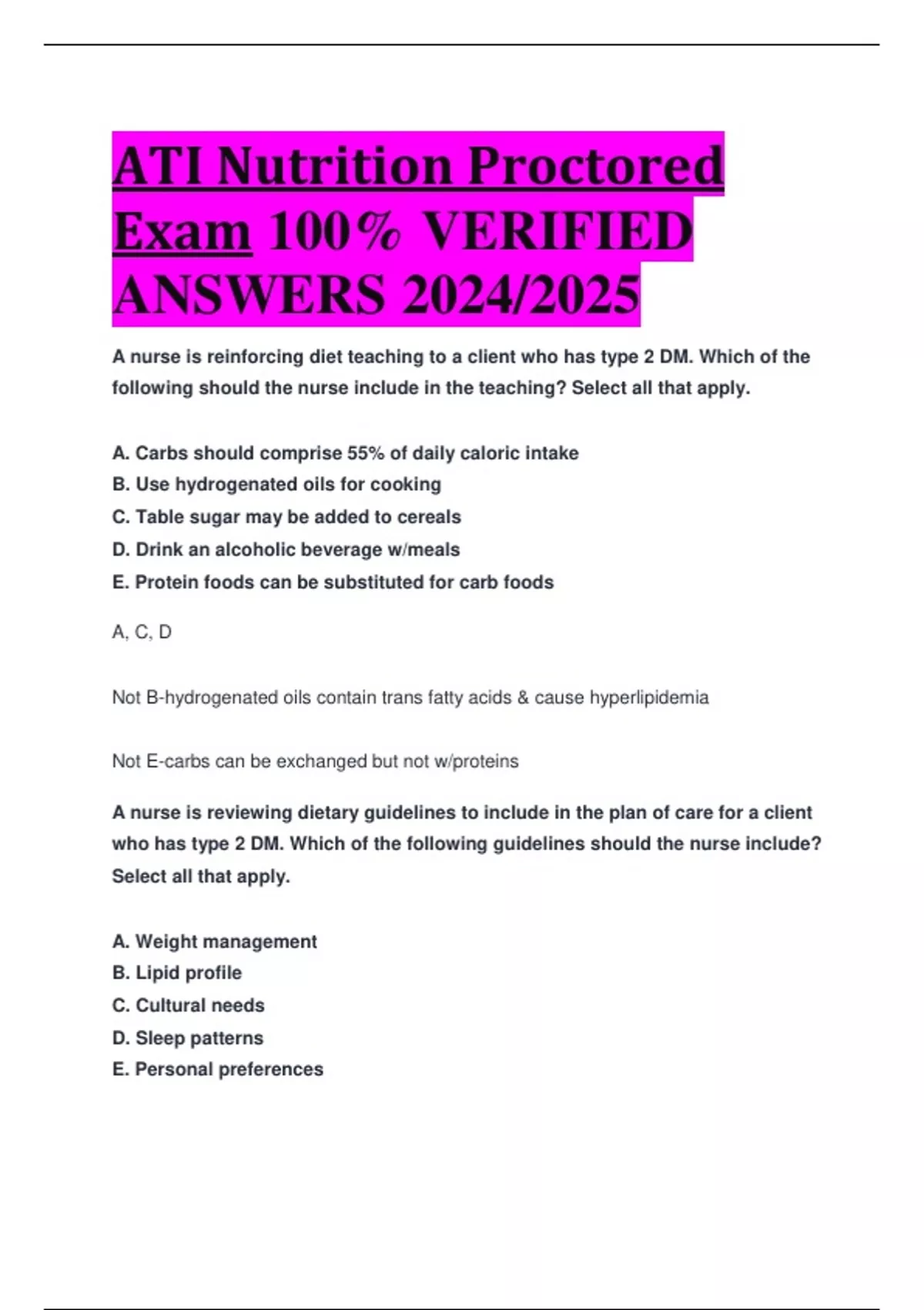 ATI Nutrition Proctored Exam 100 VERIFIED ANSWERS 2024/2025 ATI