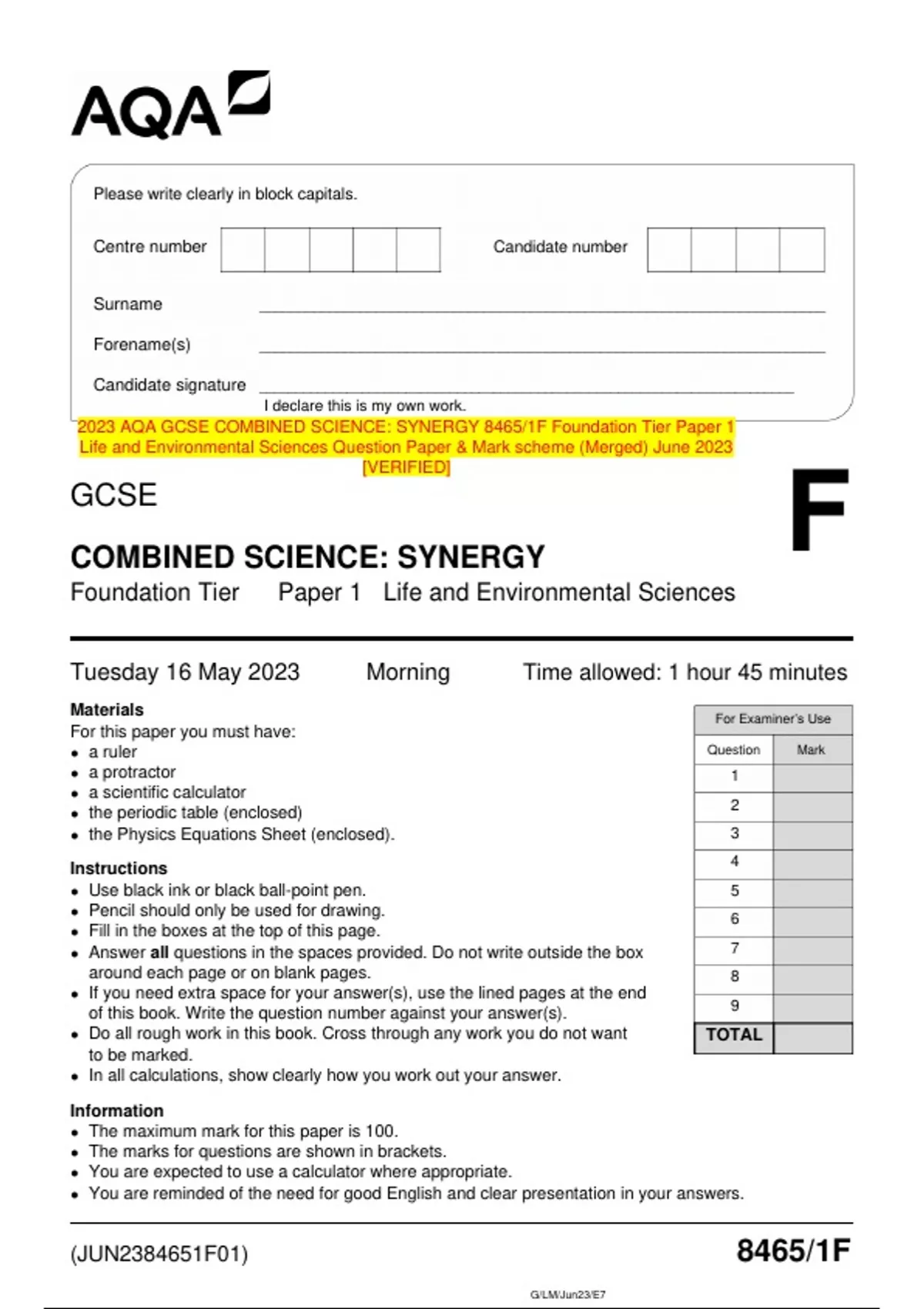 OCR 2023 GCE Mathematics B MEI H640/03: Pure Mathematics And ...