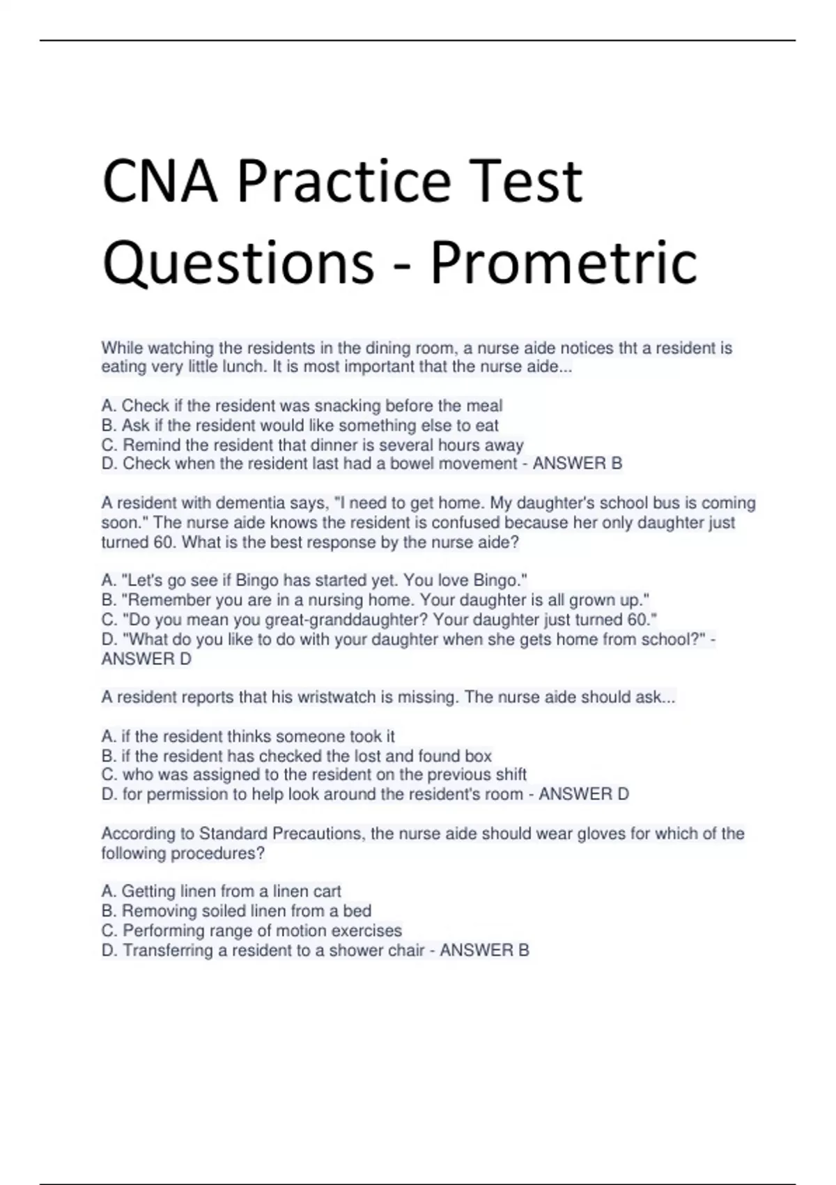 CNA Practice Test Questions - Prometric - CNA - Stuvia US