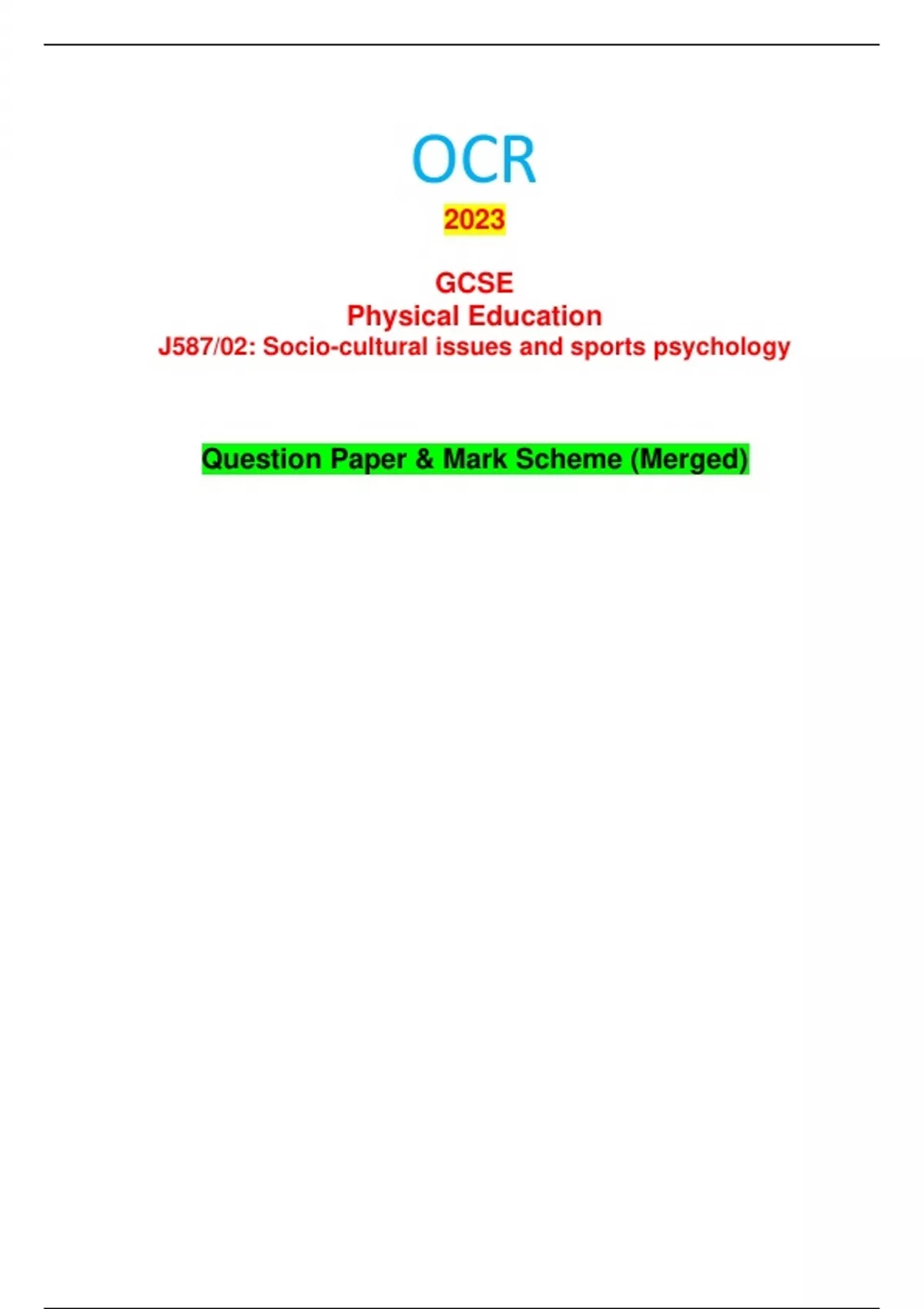 OCR 2023 GCSE Physical Education J587/02: Socio-cultural issues and ...