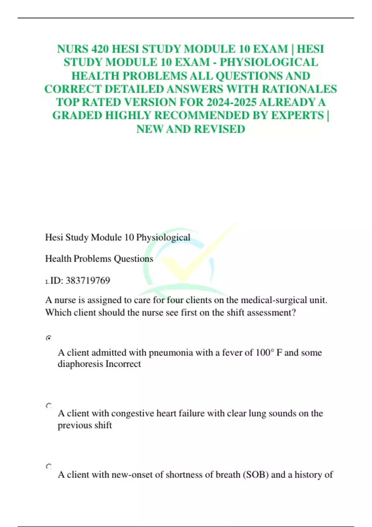 NURS 420 HESI STUDY MODULE 10 EXAM | HESI STUDY MODULE 10 EXAM ...