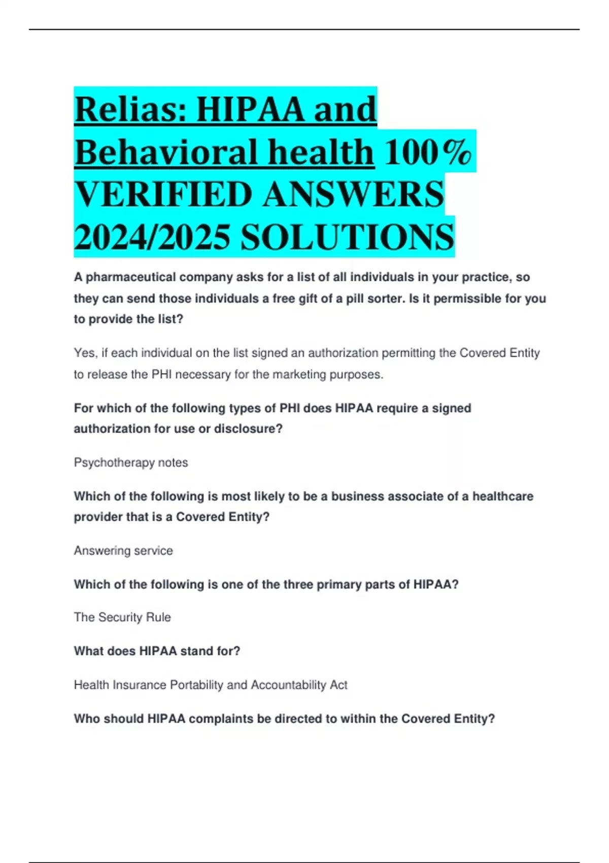 Relias HIPAA and Behavioral health 100 VERIFIED ANSWERS 2024/2025