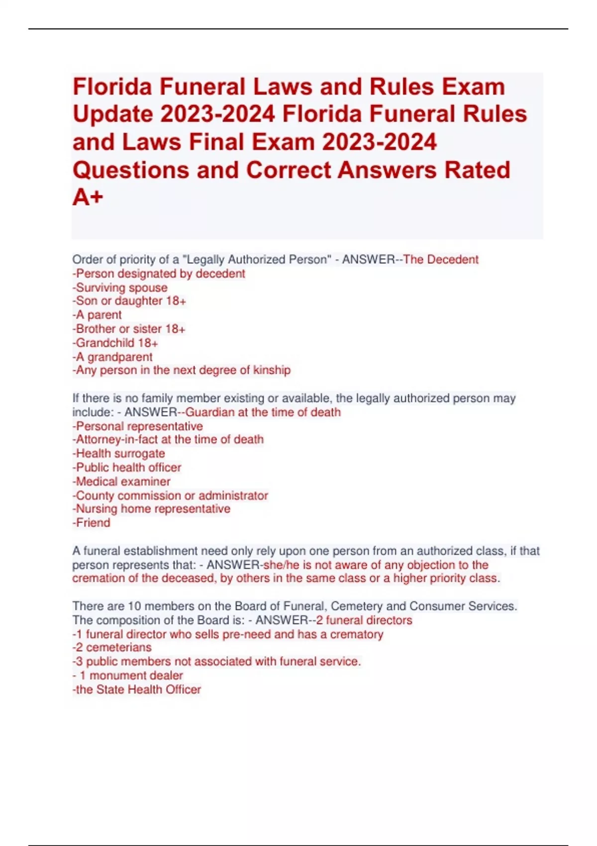 Florida Funeral Laws And Rules Exam Update Florida Funeral Rules And Laws Final Exam Questions 0364