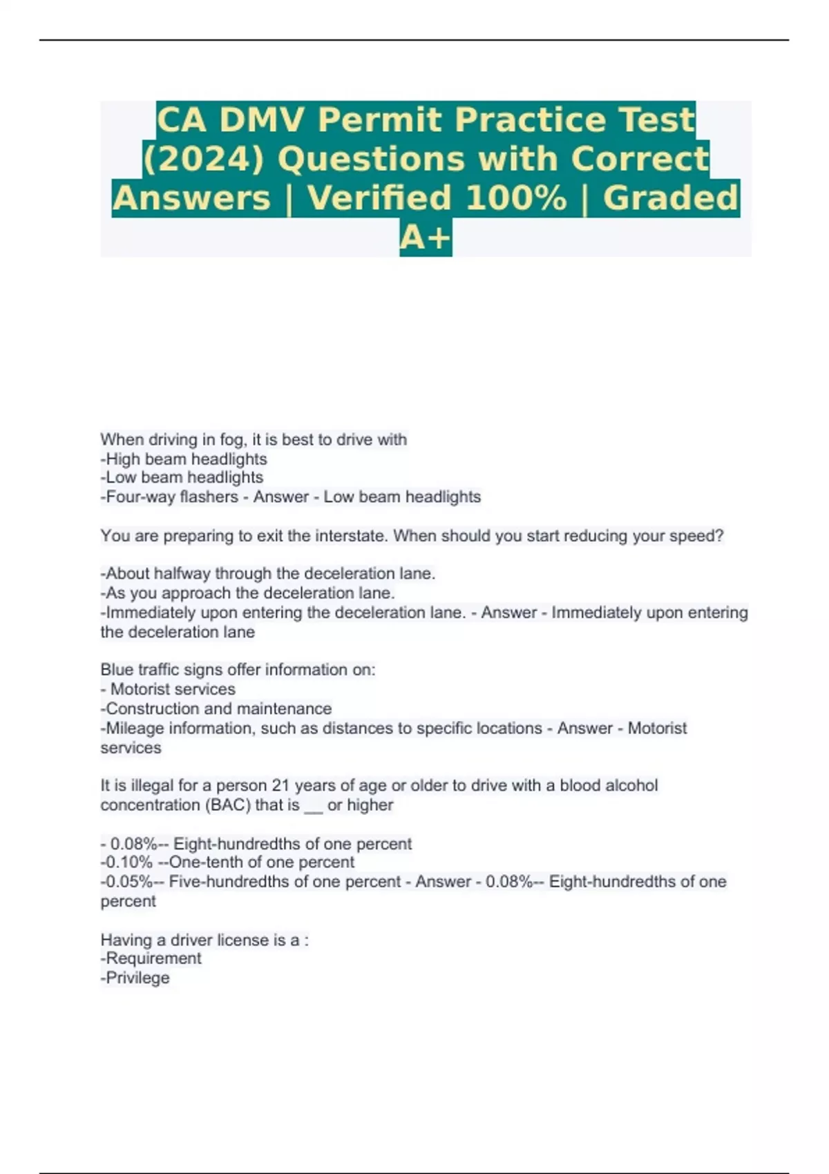 CA DMV Permit Practice Test (2024) Questions with Correct Answers