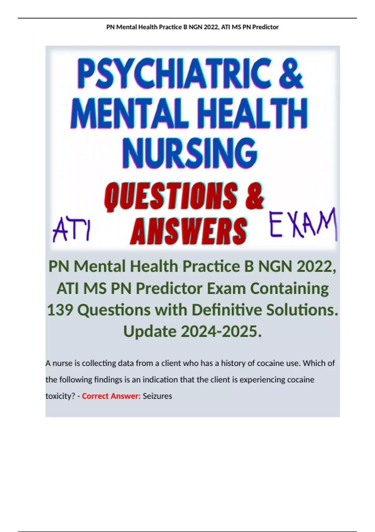 PN Mental Health Practice B NGN 2022, ATI MS PN Predictor Exam ...