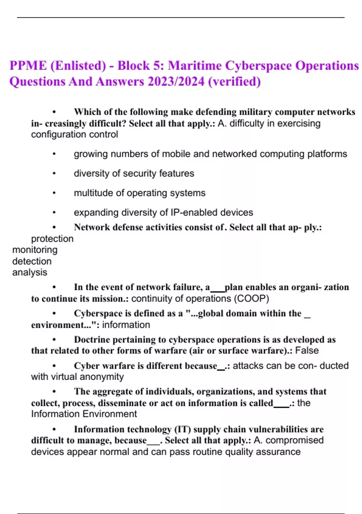 PPME (Enlisted) - Block 5: Maritime Cyberspace Operations Questions And ...